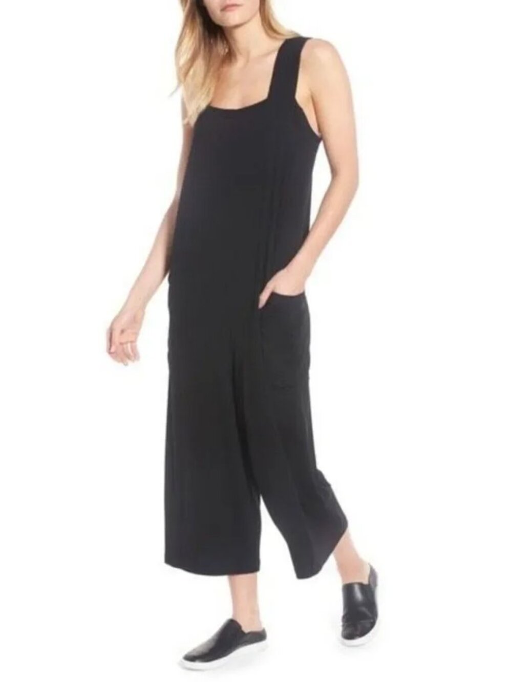Eileen Fisher | Black Viscose Jersey Square-Neck Wide-Leg Cropped Jumpsuit Large